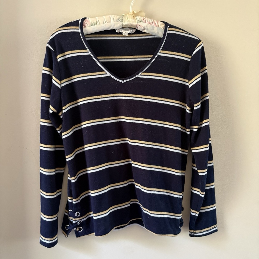 Pink Republic Navy Blue, White & Yellow Stripe Women's V Neck Top Womens Medium